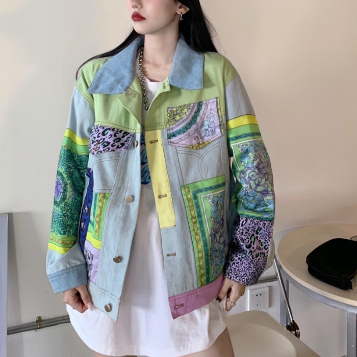 Down Jacket Packable - Print Spliced Denim Jackets Women Coat