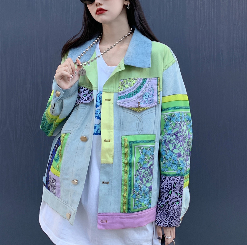 Print Spliced Denim Jackets Wo - Down Jacket Packable のレビューと価格