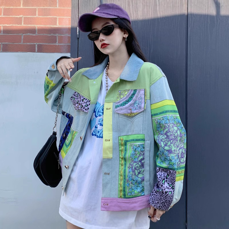 Print Spliced Denim Jackets Wo - Down Jacket Packable のレビューと価格